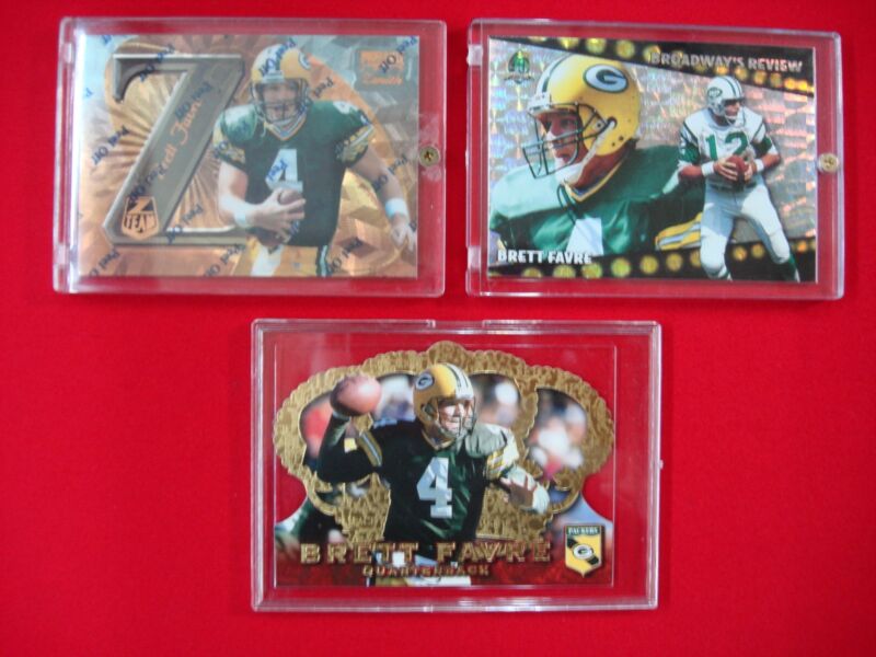 Vintage Brett Favre football cards insert lot from Pinnacle, Topps, and Pacific (1996-1997)