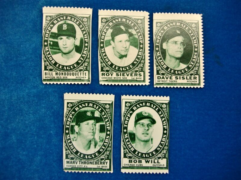 Set of 5 vintage 1961 Topps baseball stamps in original gum condition.