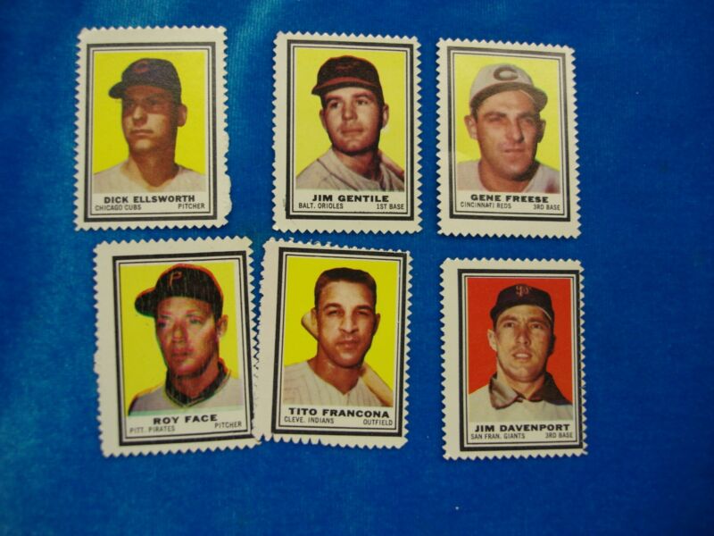 Set of 6 vintage 1962 Topps baseball stamps with original gum