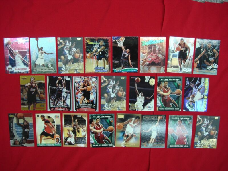 Rare Allen Iverson basketball card lot featuring 23 cards, including rookies, premiums, and inserts