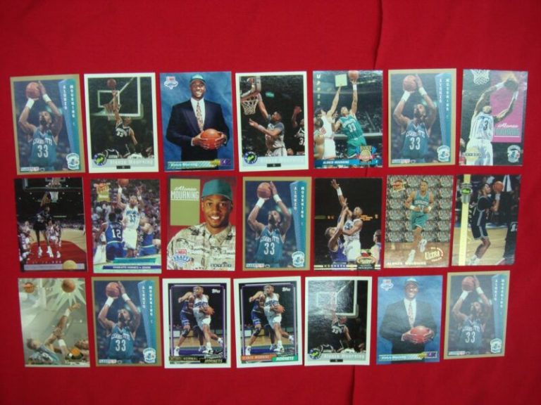 Alonzo Mourning rookie basketball cards, including premium inserts and a Topps Gold parallel.