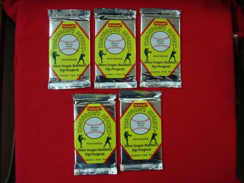 Sealed lot of 5 1991 Procards Tomorrow's Heroes foil packs featuring top minor league baseball prospects.