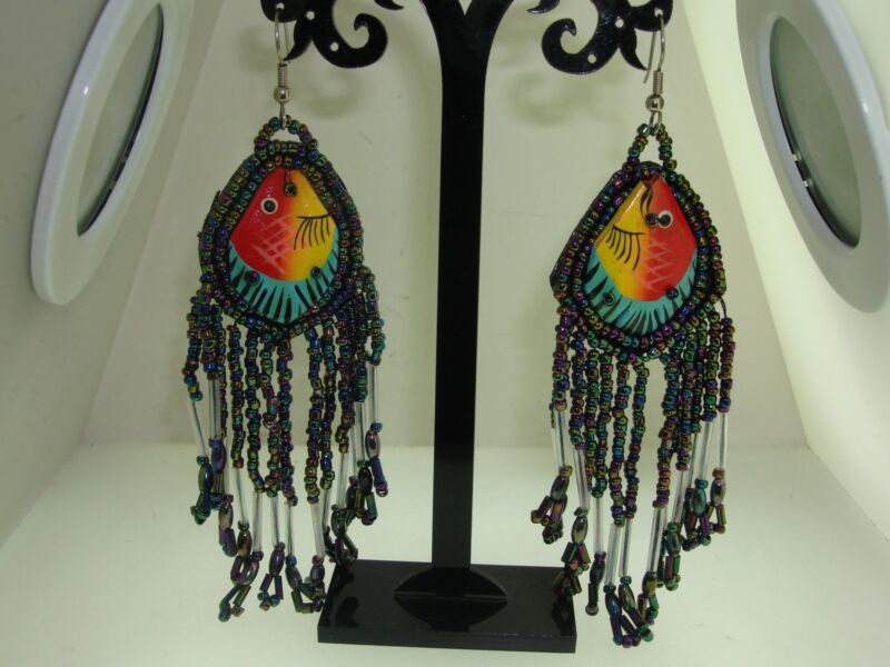 Vintage 1980s iridescent bead fish dangle earrings