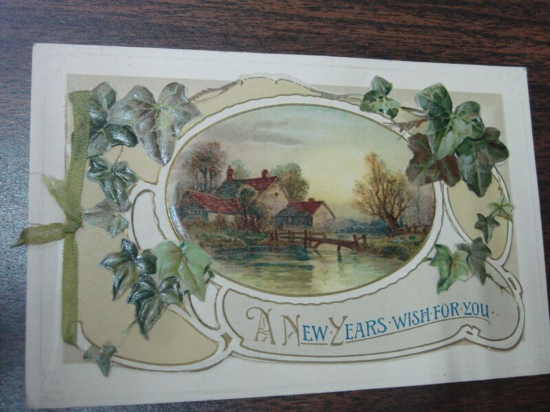 Antique 1910-1915 New Year's Greeting Booklet - Divided Back Postcard with Winter Scene