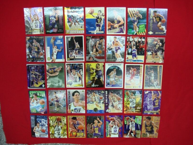 John Stockton basketball card lot of 35 cards, including premium inserts and parallels.