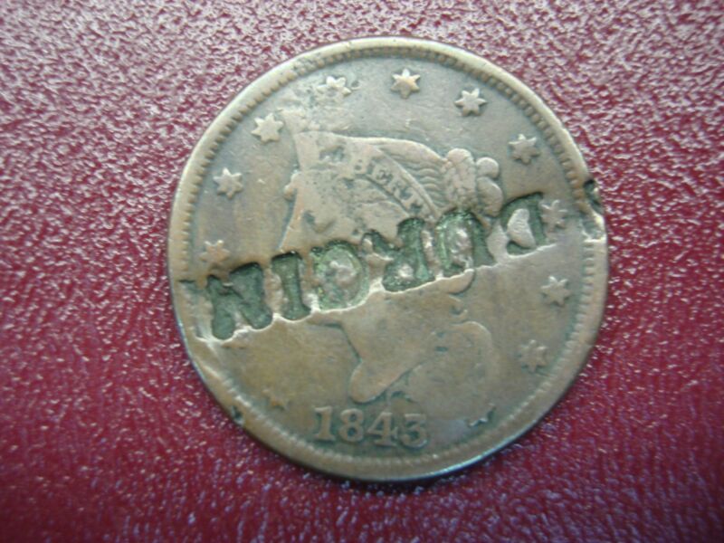 1843 US Large Cent with natural toning and counterstamps