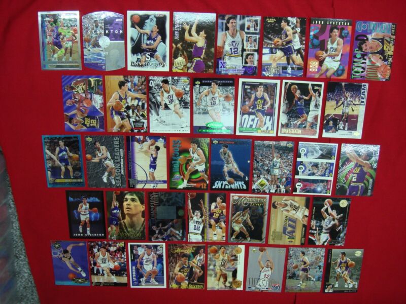Collection of 38 John Stockton basketball cards, including premiums, die-cuts, and inserts.