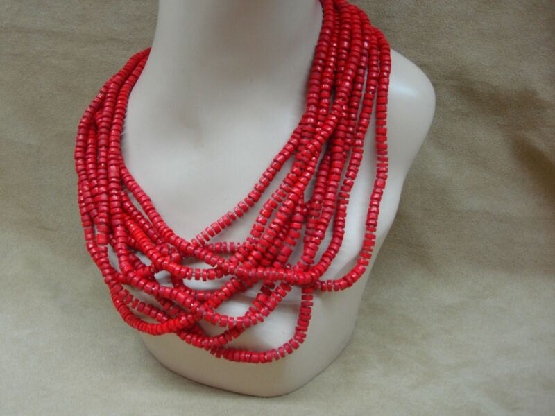 Vintage red coral bead and seed bead multi-strand necklace