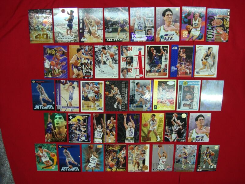 John Stockton basketball card lot of 38 cards, mostly unique with premiums and inserts