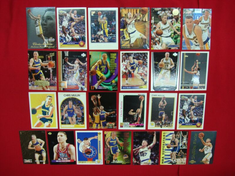 Chris Mullin basketball card collection featuring 25 cards, premiums, and parallels from his time with the Warriors and Pacers