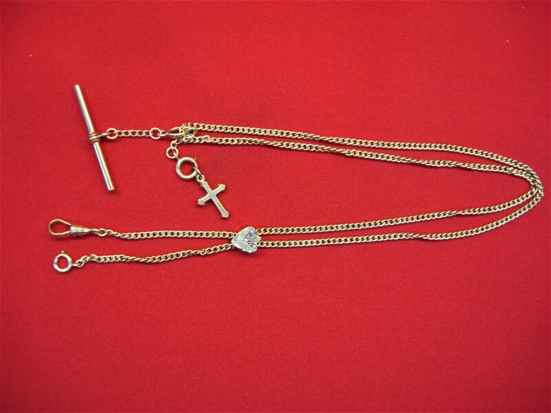 Antique gold-filled pocket watch chain with cross and T-bar clasp