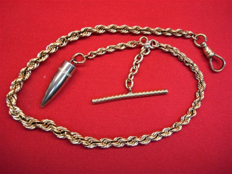 Antique 12K gold-filled watch chain with .30 caliber bullet and T-bar