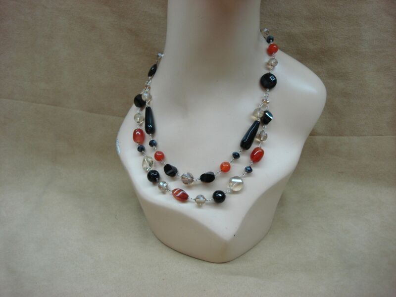 Sterling silver gemstone necklace with carnelian, onyx, quartz, and AB crystals
