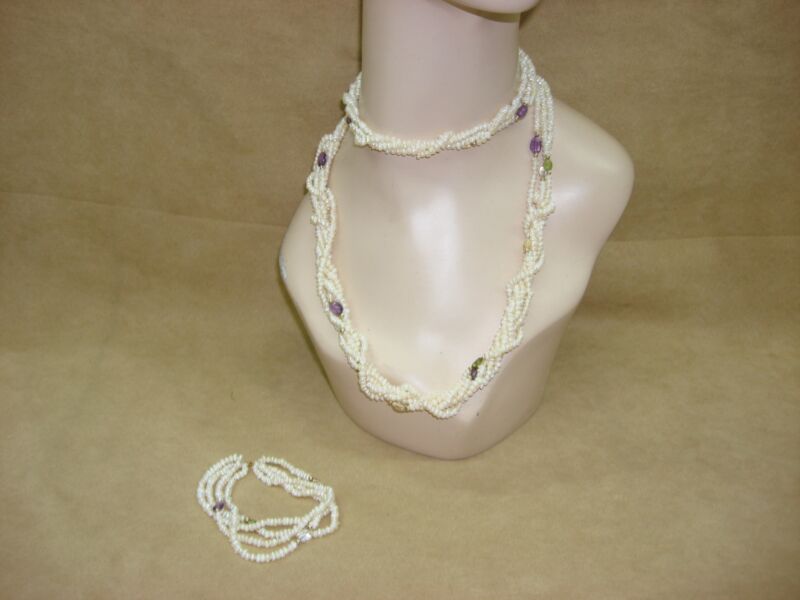 Elegant 3-strand freshwater pearl & gemstone necklace and 14k gold bracelet set (36in)