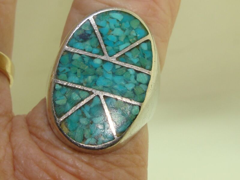 Vintage Southwestern sterling silver inlaid turquoise ring, size 9 1/2