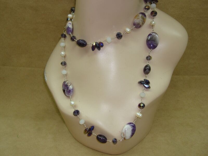 Ametrine and sugilite sterling silver necklace with freshwater pearls and crystals