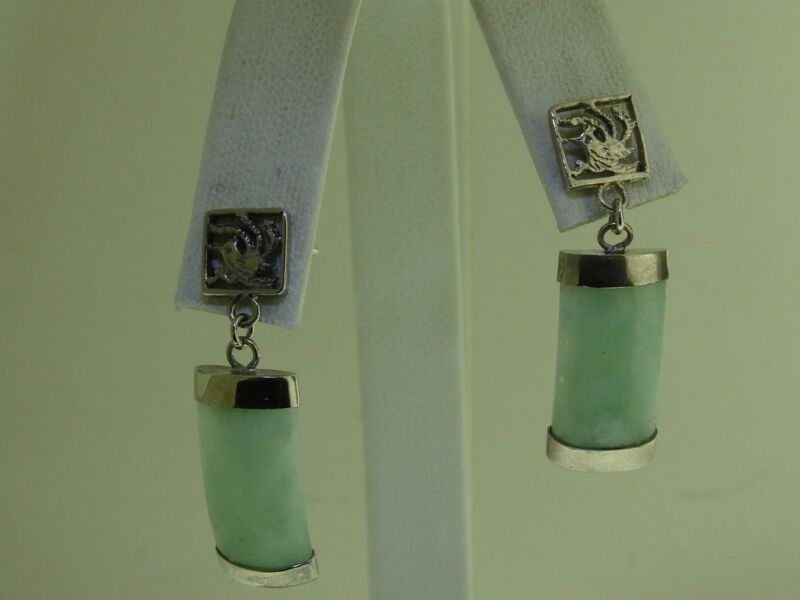 Vintage Chinese sterling silver and jadeite dangle earrings