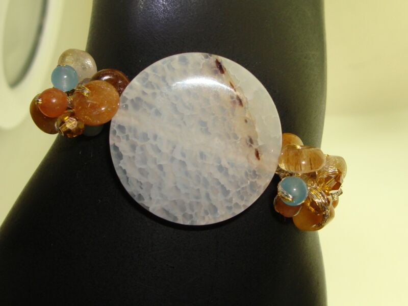 Winterthur Genuine Chalcedony & Jasper Bracelet - Gold Wire, AB Crystals (7.25" Adjustable)