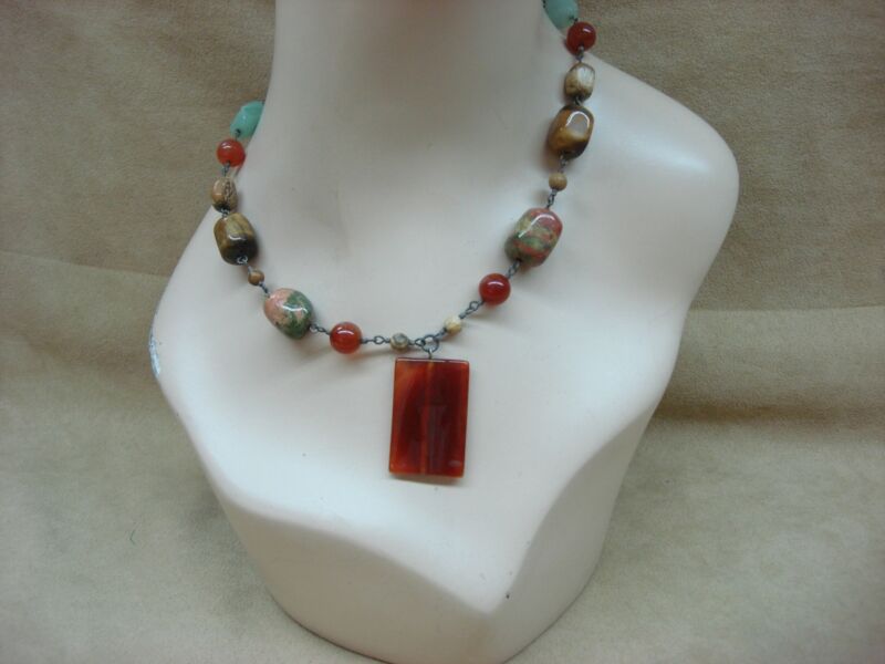 Unique carnelian, tiger's eye, and chrysoprase necklace in sterling silver
