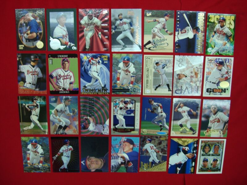 Chipper Jones baseball card lot of 28 cards, including a rookie card, premiums, and parallels.