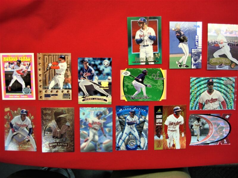 Kenny Lofton baseball card collection featuring 13 cards from his time with the Cleveland Indians and Atlanta Braves.