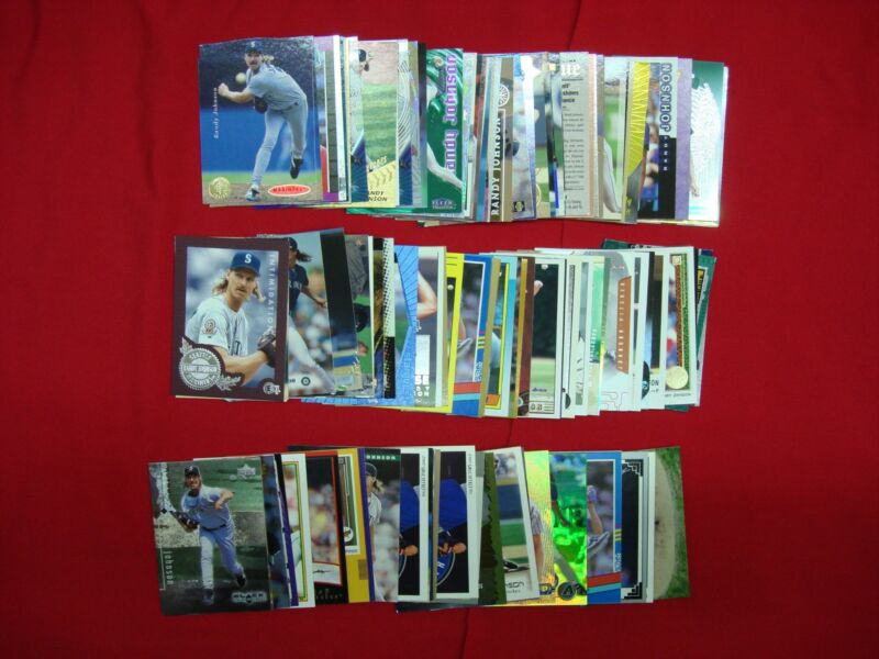 Randy Johnson baseball card collection featuring over 110 cards, including rookies, parallels, and inserts.