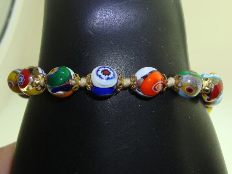 Vintage Millefiori Evil Eye Bead Bracelet with Filigree Caps