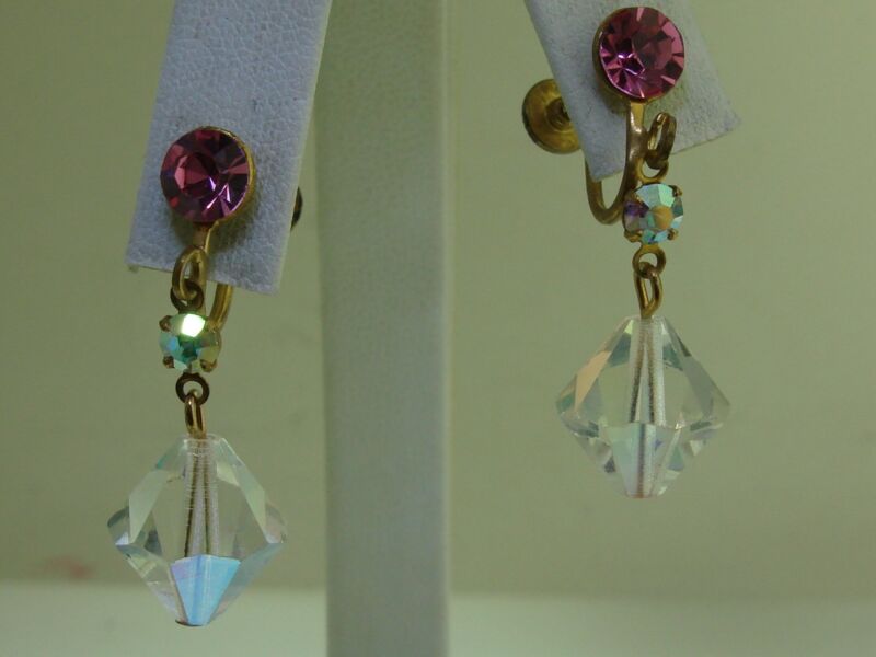 Vintage 1930s-40s pink rhinestone and AB crystal dangle earrings in gold tone