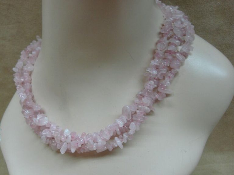 Sterling silver rose quartz choker necklace, 3 strands, adjustable