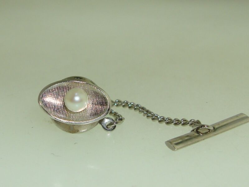 Vintage white gold filled tie tac with a freshwater pearl