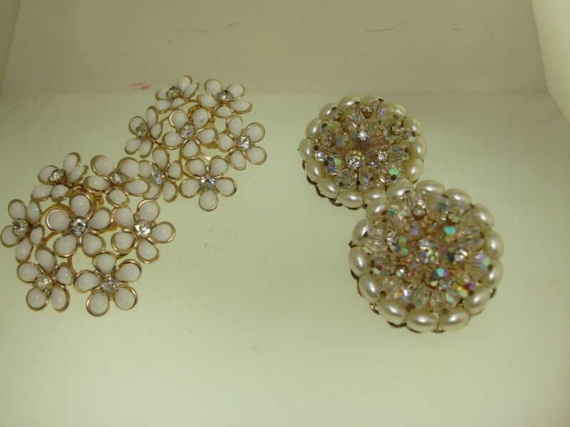 Vintage 1950s clip-on earrings set with rhinestones and faux pearls