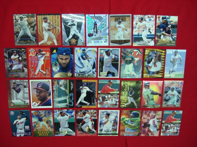Vintage Albert Belle baseball card lot, featuring 30 unique cards from his time with the Chicago White Sox, Cleveland Indians, and Baltimore Orioles.