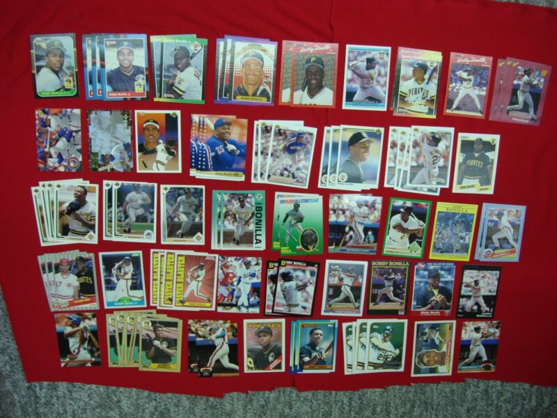 Bobby Bonilla baseball card collection featuring rookie cards, inserts, and food premiums from his time with the Mets and Pirates.