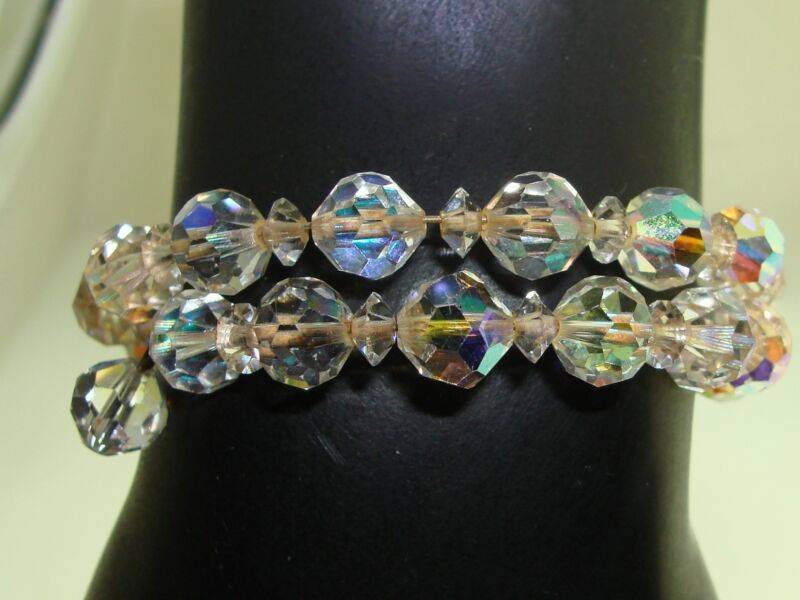 Vintage aurora borealis crystal bracelet, memory wire bangle, 1950s-60s