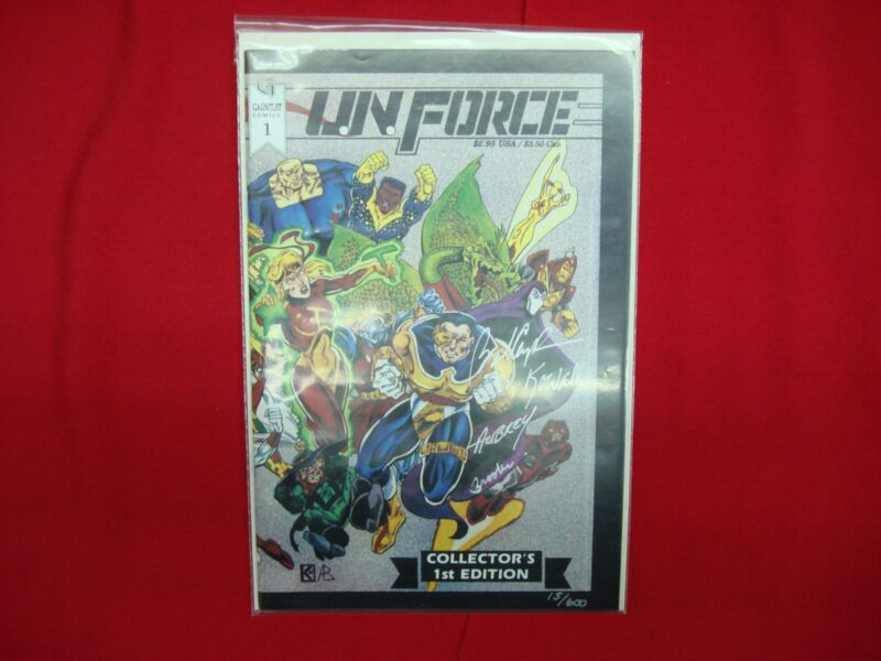 UN Force #1 signed comic book (Black Border Variant) numbered 15/600, autographed by all four creators.