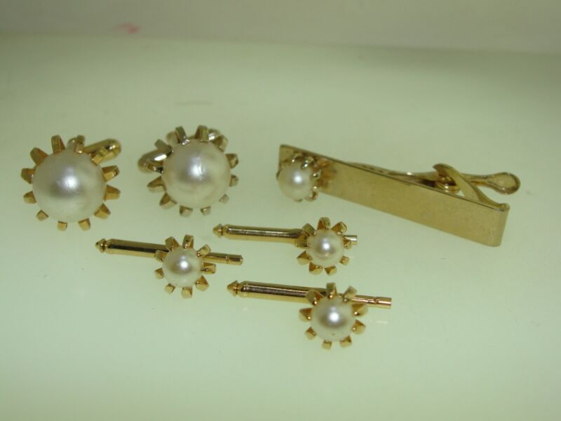 Vintage 1960s gold-tone faux pearl cufflinks, studs, and tie bar set