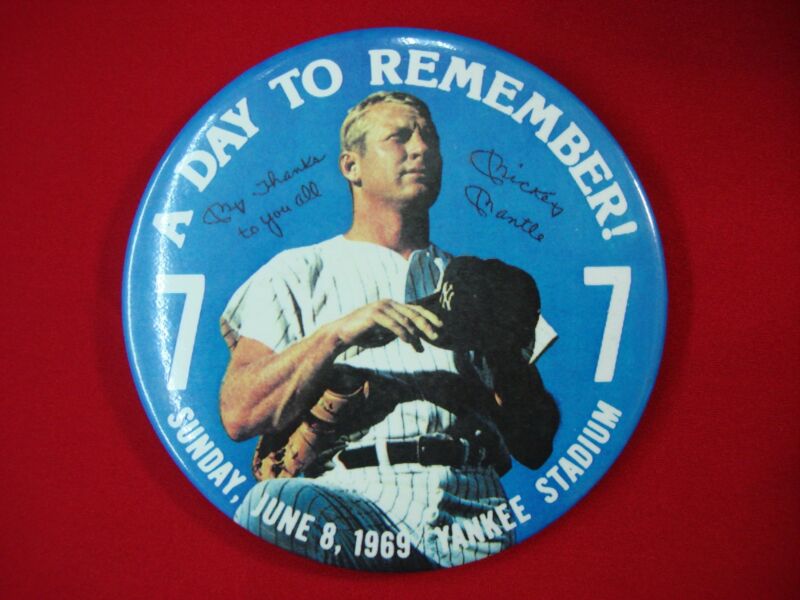 Vintage Mickey Mantle pin commemorating June 8, 1969 at Yankee Stadium