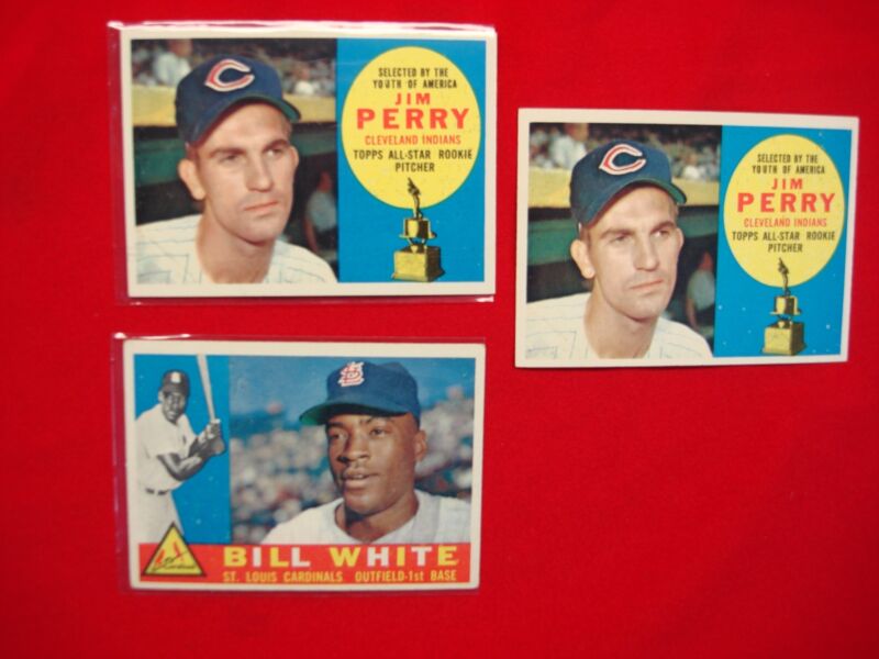 Vintage 1960 Topps Baseball Cards featuring Jim Perry and Bill White