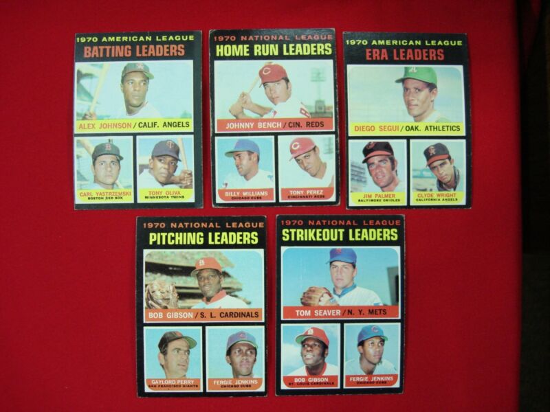 Vintage 1971 Topps Baseball League Leaders cards featuring Tom Seaver, Bob Gibson, Jim Palmer, Johnny Bench, and Carl Yastrzemski.