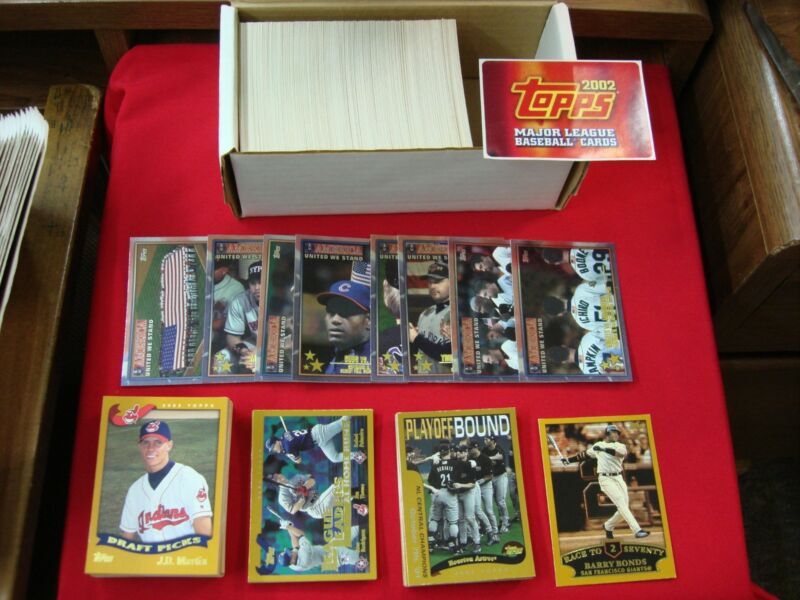 Complete set of 2002 Topps Series 1 baseball cards (1-365) in Near Mint condition, including the 'America United We Stand' subset.