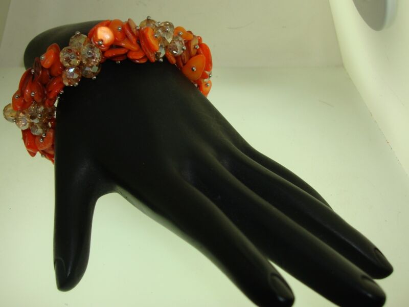Designer Nicole Orange Mother-of-Pearl & Crystal Bracelet - Signed, New With Tags
