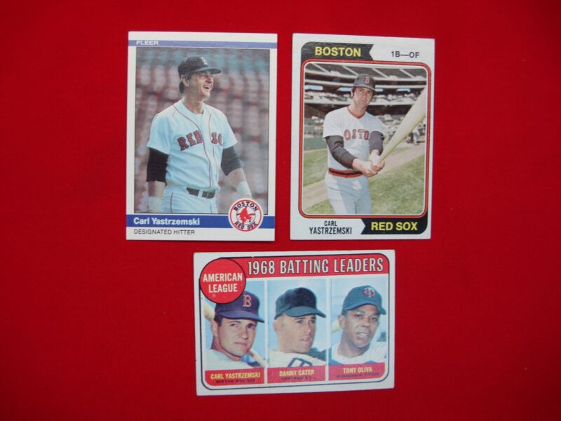 Vintage Carl Yastrzemski (Yaz) baseball cards, including 1969 Topps, 1974 Topps, and 1984 Fleer.