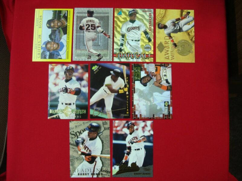Collection of 9 Barry Bonds baseball cards, including inserts and premiums from his time with the Giants and Pirates