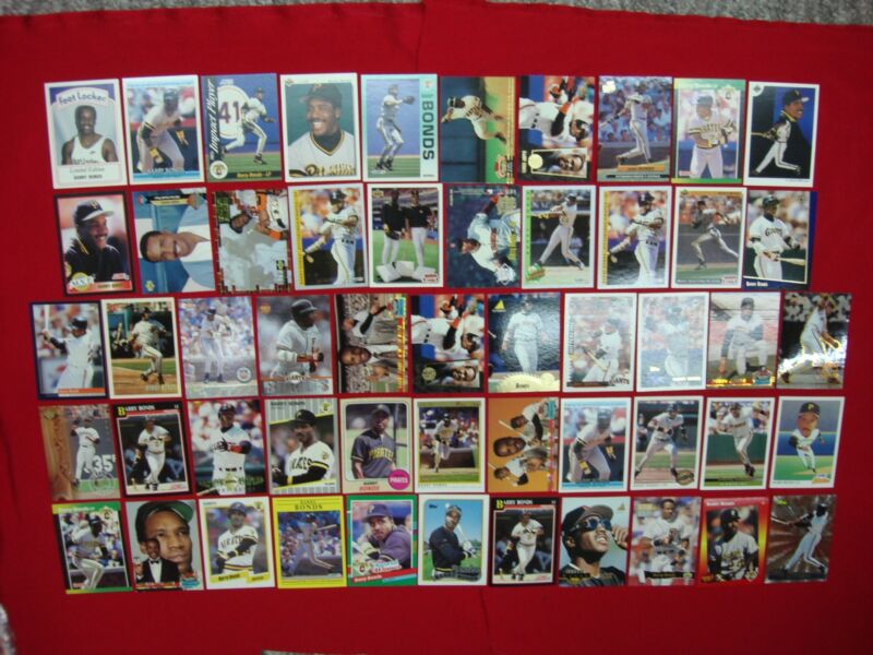 Collection of 50 Barry Bonds baseball cards, including inserts, premiums, and parallels.