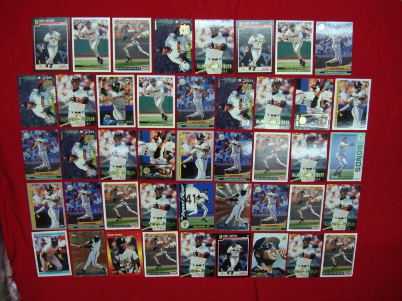 Barry Bonds baseball card collection, featuring 44 cards including inserts and premiums.