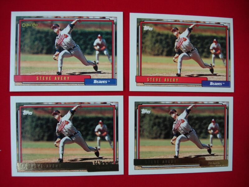 1992 Steve Avery baseball card four-card lot including O-Pee-Chee, Topps Gold Winner Parallel, and Topps Gold Parallel cards