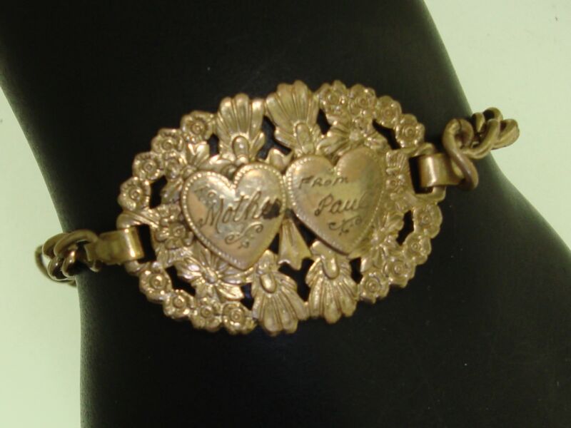 Vintage 1940s WWII Rose Gold Tone Sweetheart Bracelet Engraved 'Son to Mother'