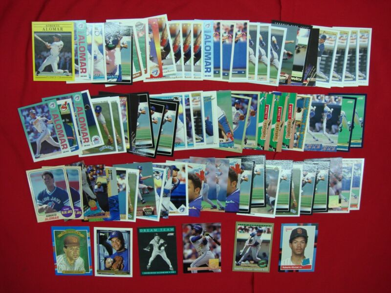 Roberto Alomar baseball card lot of 80 cards featuring Blue Jays and Padres inserts and oddities