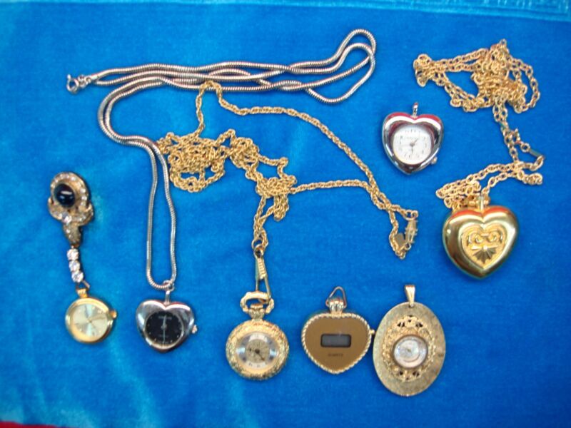 Collection of seven unique hanging vintage watches, including quartz, digital, and wind-up styles.