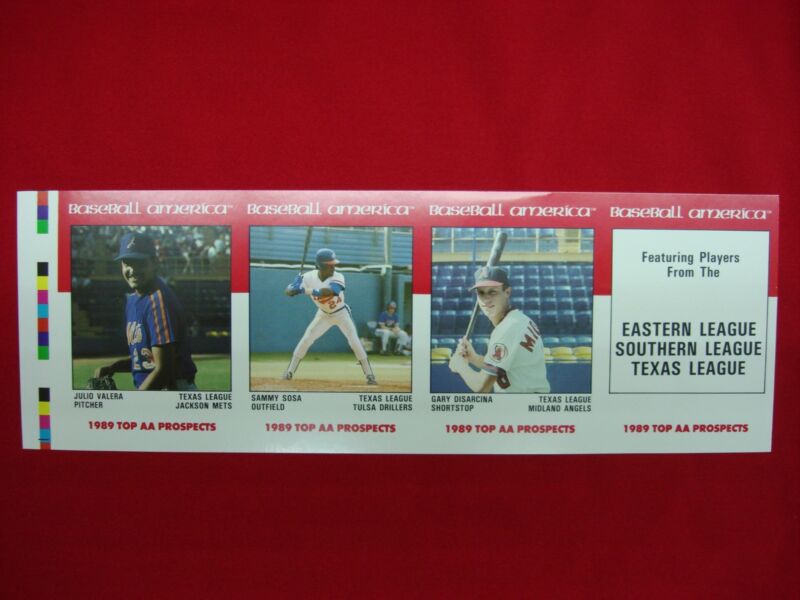 1989 Baseball America Top AA Prospects uncut strip featuring Sammy Sosa and other notable prospects.